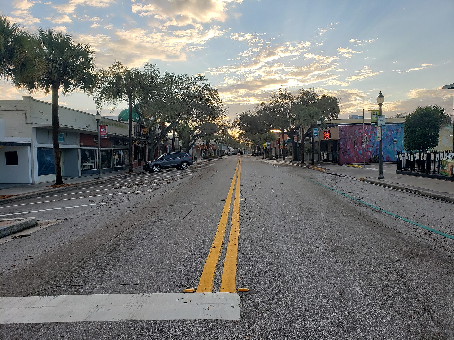 Downtown Melbourne, Florida, showing the brick commercial buildings along East New Haven Avenue.