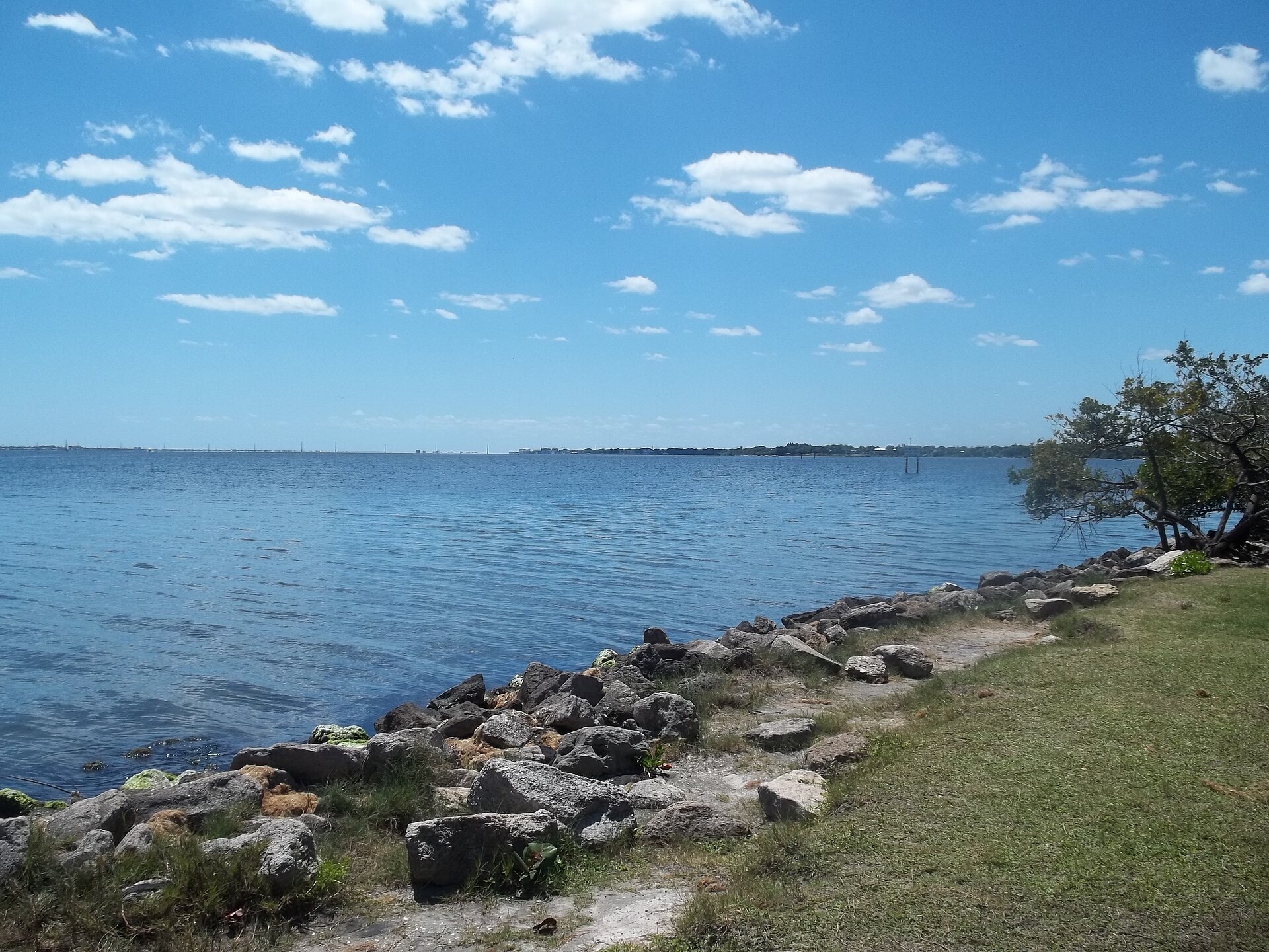 The Indian River at Melbourne, Florida, its open water seen from the mainland shore.