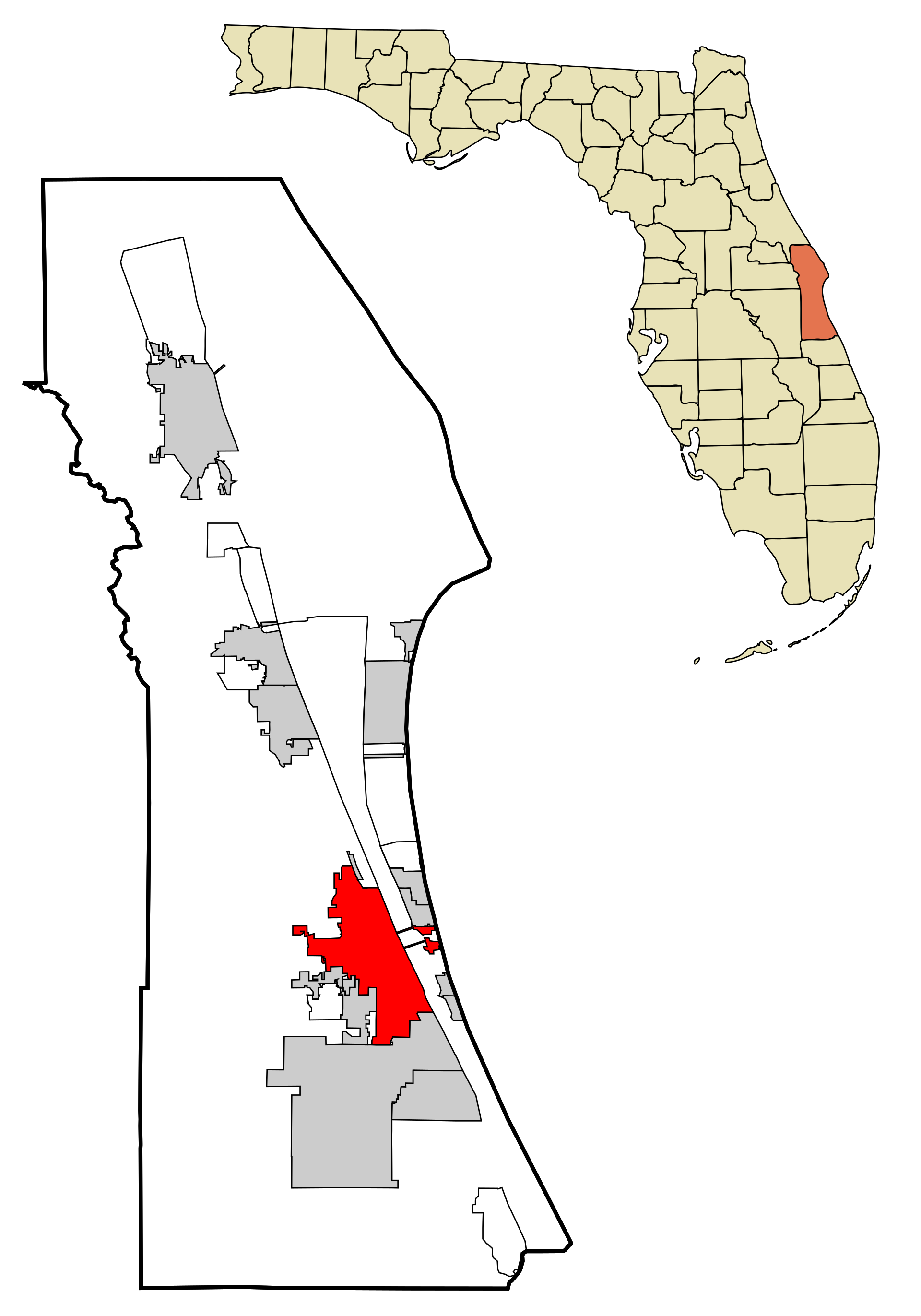 A map of Brevard County, Florida, with the City of Melbourne highlighted, showing the merged municipal footprint along the Indian River Lagoon.