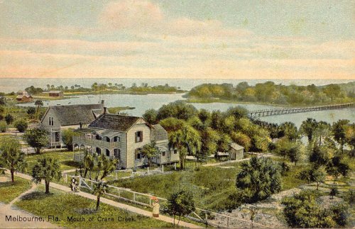 Crane Creek in Melbourne, Florida, photographed in the early 1900s, sailboats and a wooden dock visible.