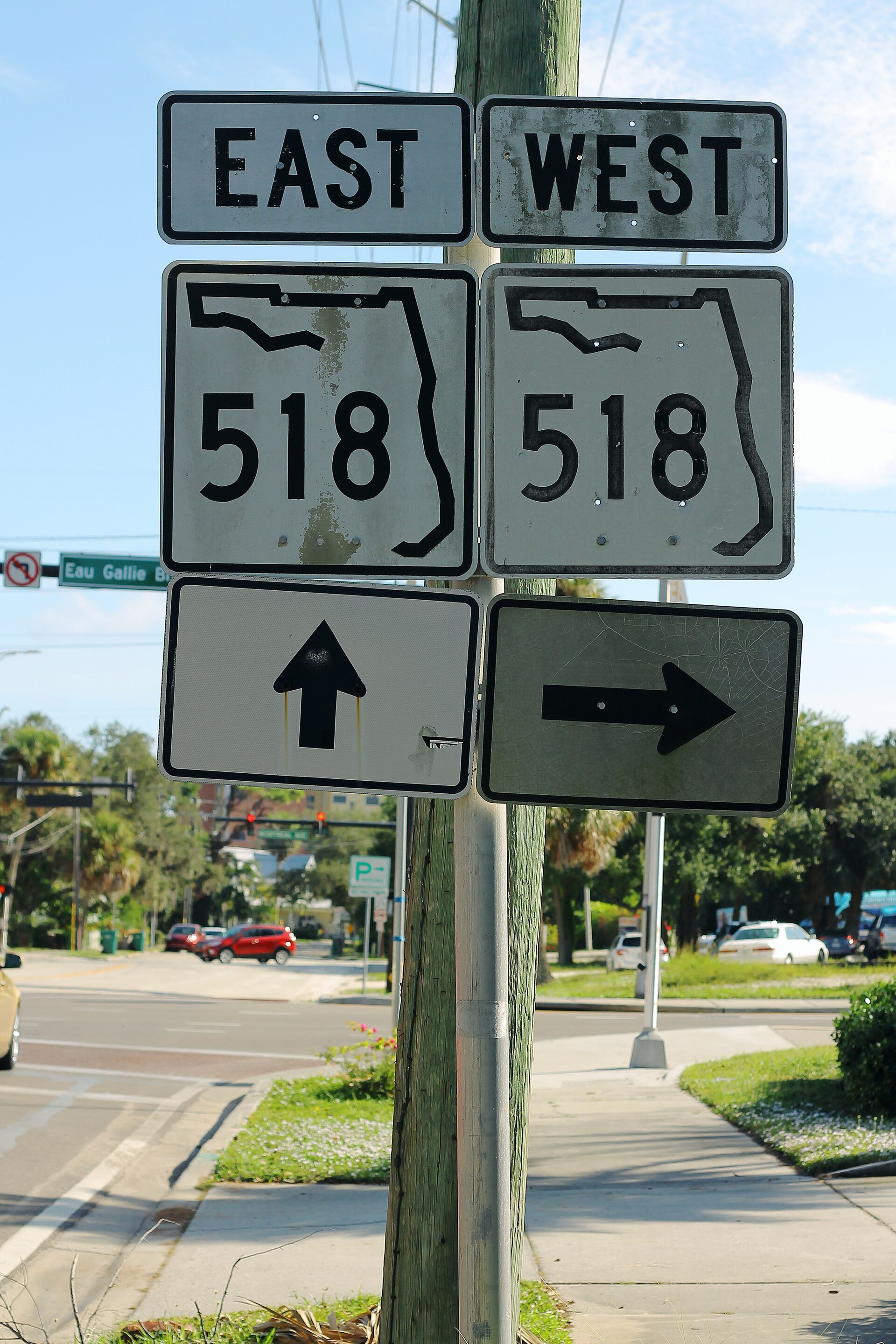 An Eau Gallie street sign on Florida State Road 518, marking the historic district.