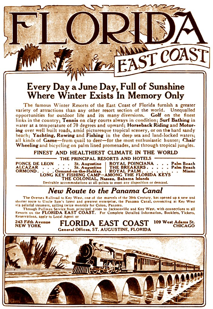 A 1913 Florida East Coast Railway advertisement showing a steam locomotive and timetable information for service along the Indian River.