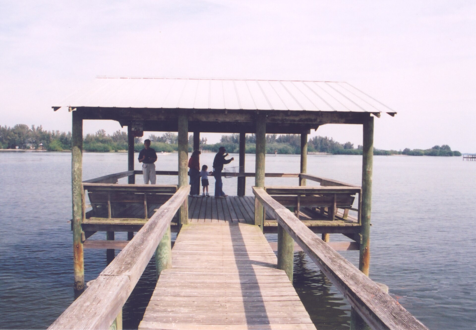 A covered pier on the Indian River Lagoon, similar to the dock infrastructure that was damaged in the 2004 storms.