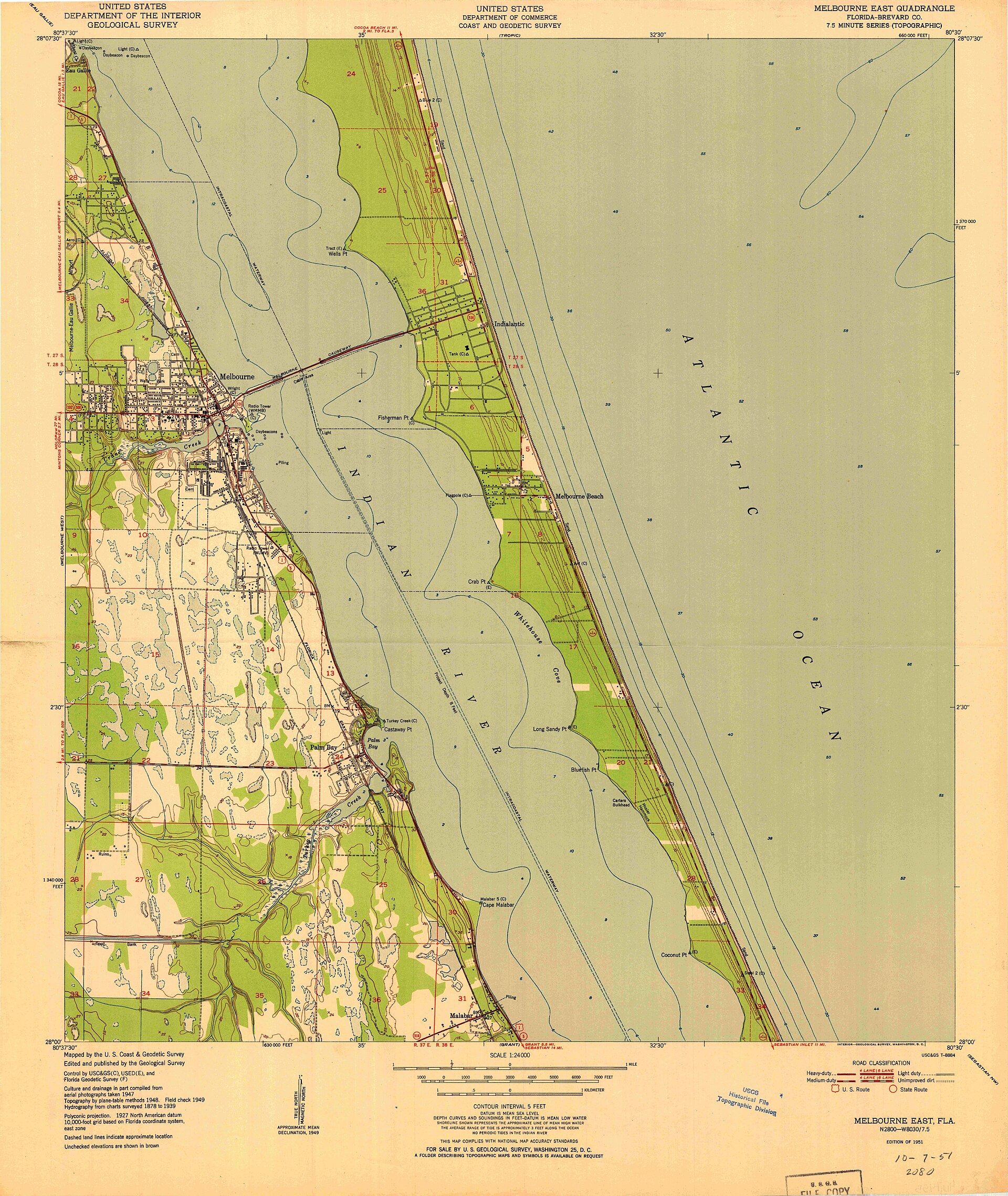 Aerial view of Melbourne, Florida in 1951, showing the Henegar building in its original school-era context.